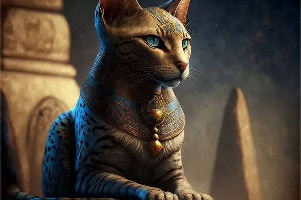 Discover the intriguing link between Cats and Spirituality: Revealing Cultural Meanings in this captivating image.  A futuristic, almost deified cat, adorned with assorted ornaments, invites you to explore the deep spiritual connection between humans and felines.  A unique vision that defies time and crosses cultural boundaries.