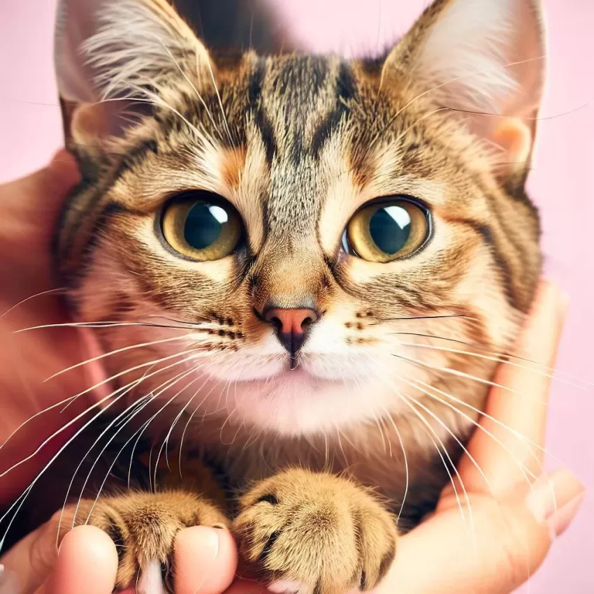 gato de olhos grandes segurado pela dona, é alegre e muito lindo.  Cuidados com gatos: o guia completo para um felino saudável